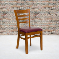 Flash Furniture Hercules Series Cherry Finished Ladder Back Wooden Restaurant Chair with Burgundy Vinyl Seat XU-DGW0005LAD-CHY-BURV-GG